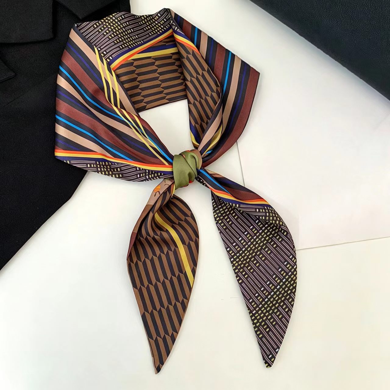 Silk Neck Scarf - 럭셔리 프린트 롱 헤어 리본 베벨