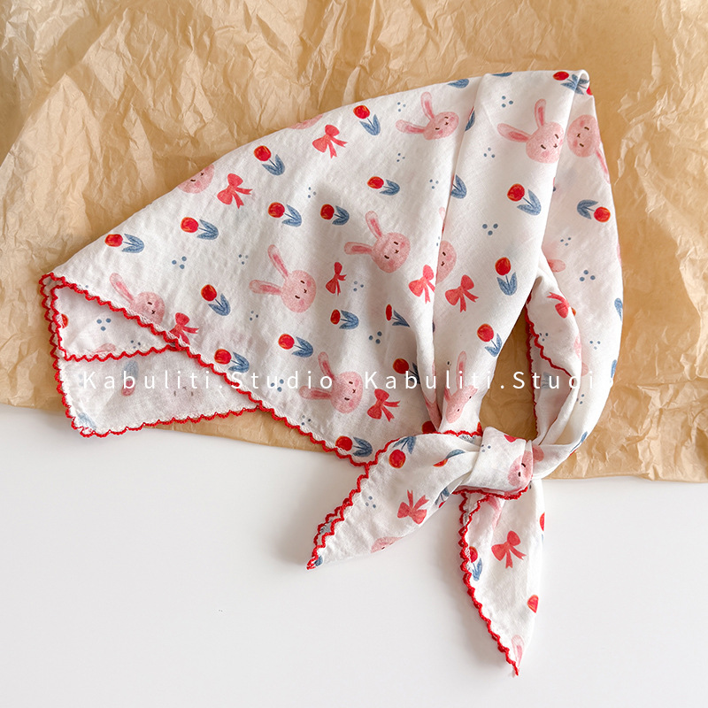 Face Scarf Mask - 코튼 린넨 스퀘어 스카프 58cm 꽃무늬