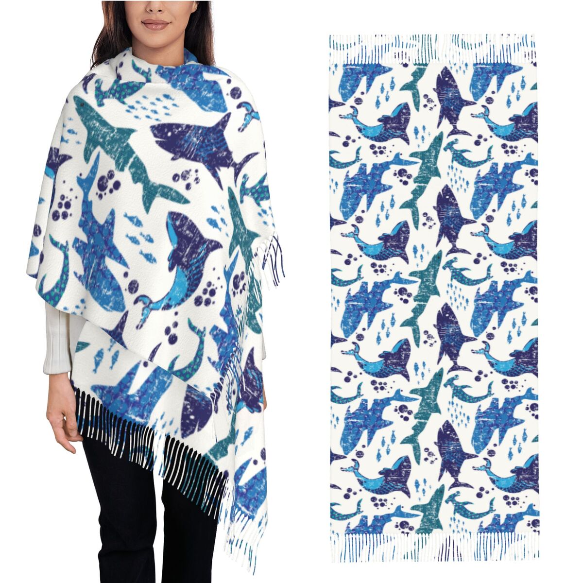 Pashmina Wrap Large - 상어 수중 세계 바다 해양 생물