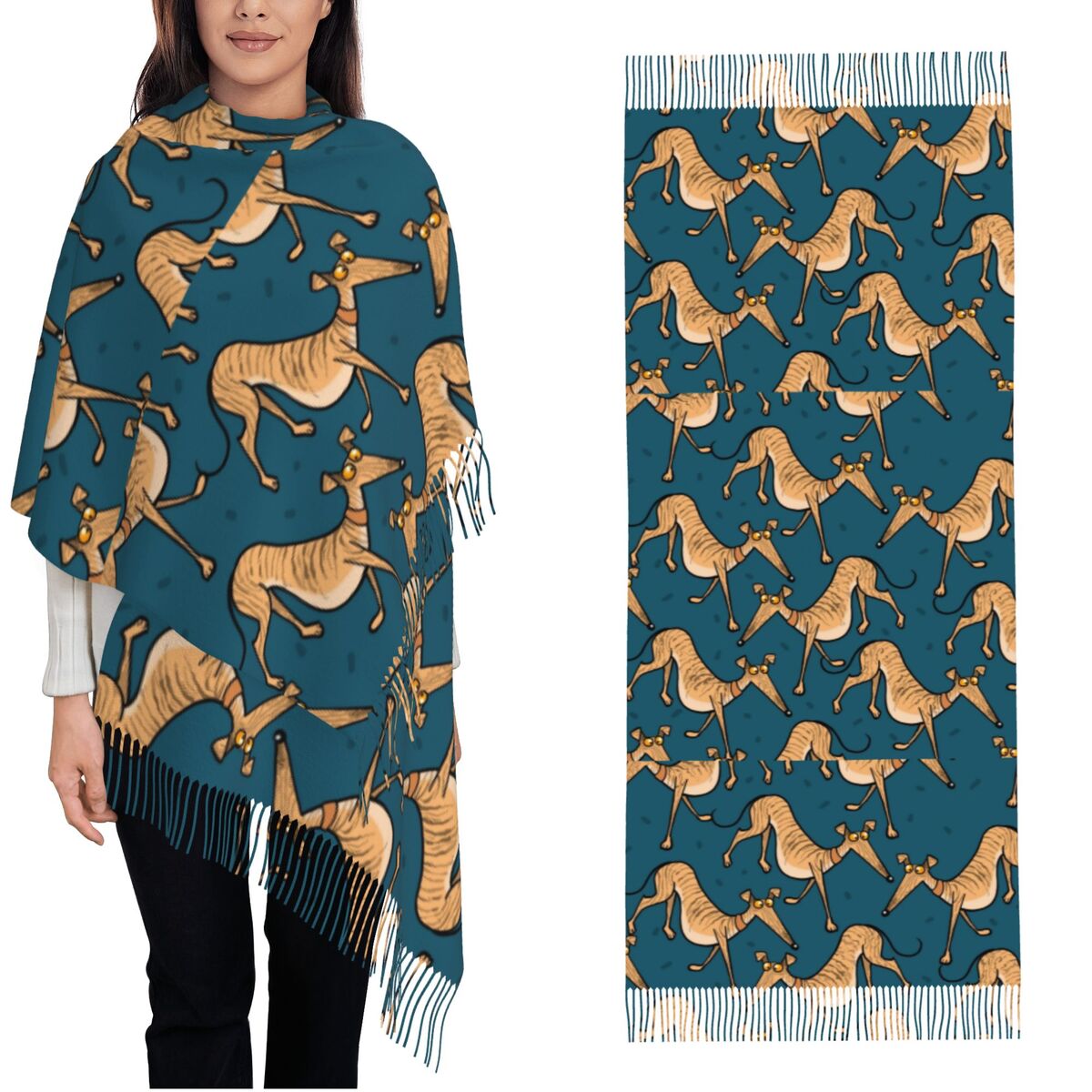 Pashmina Wrap Large - 그레이하운드, 휘핏, 러처 강아지 무늬 여성용