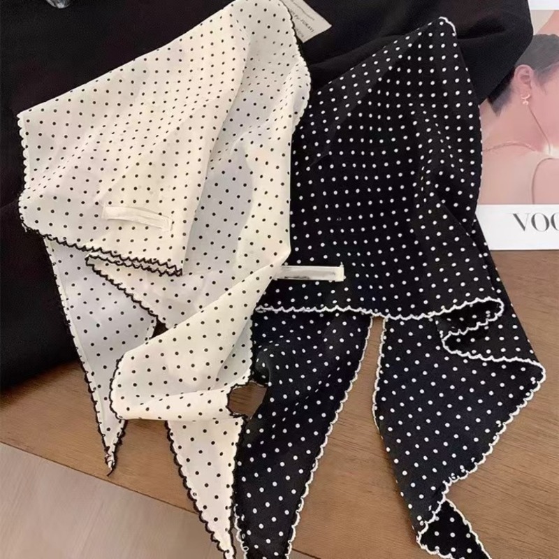 Ascot Neck Scarf - 여성용 블랙 화이트 폴카 도트 스카프