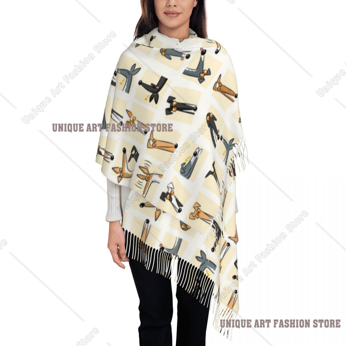 Pashmina Wrap Large - 여성용 태슬 스카프 헤드업 크림 그레이하운드