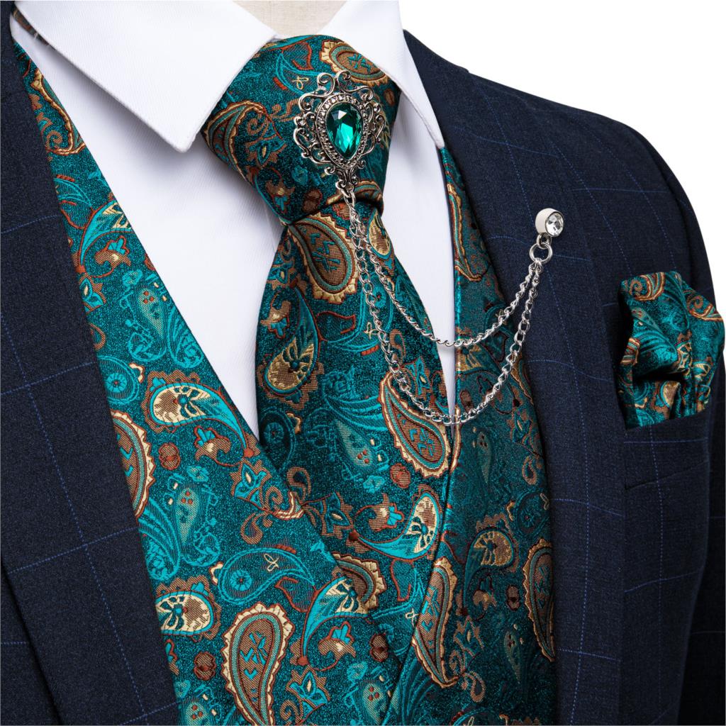 Pocket Square Set - 새로운 청록색 페이즐리 무늬 정장 조끼