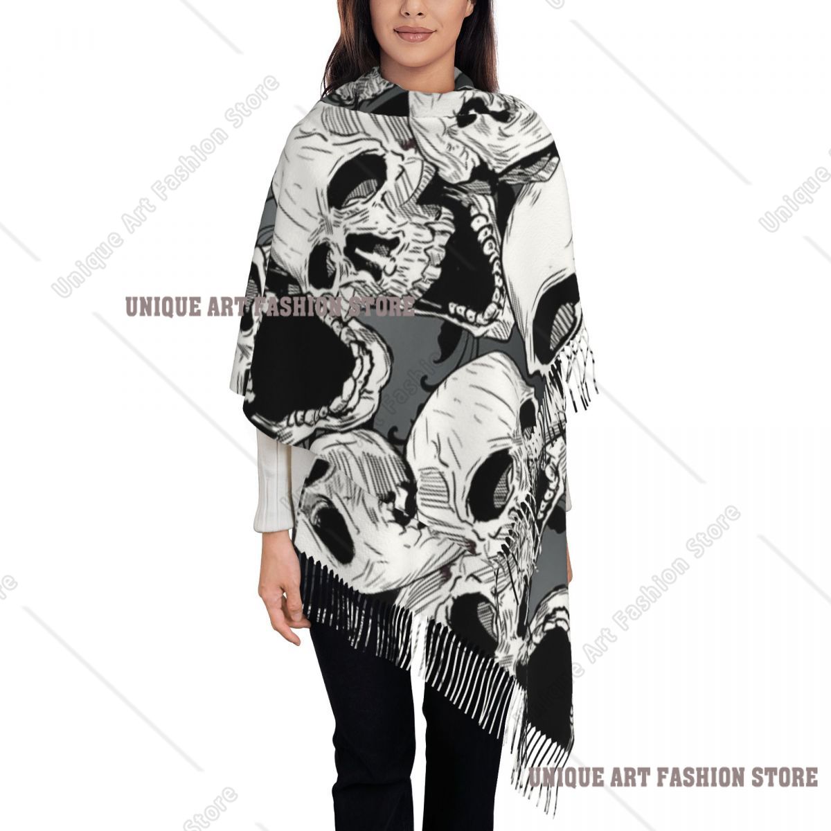 Pashmina Wrap Large - 여성용 태슬 스카프 데스 스컬 고딕