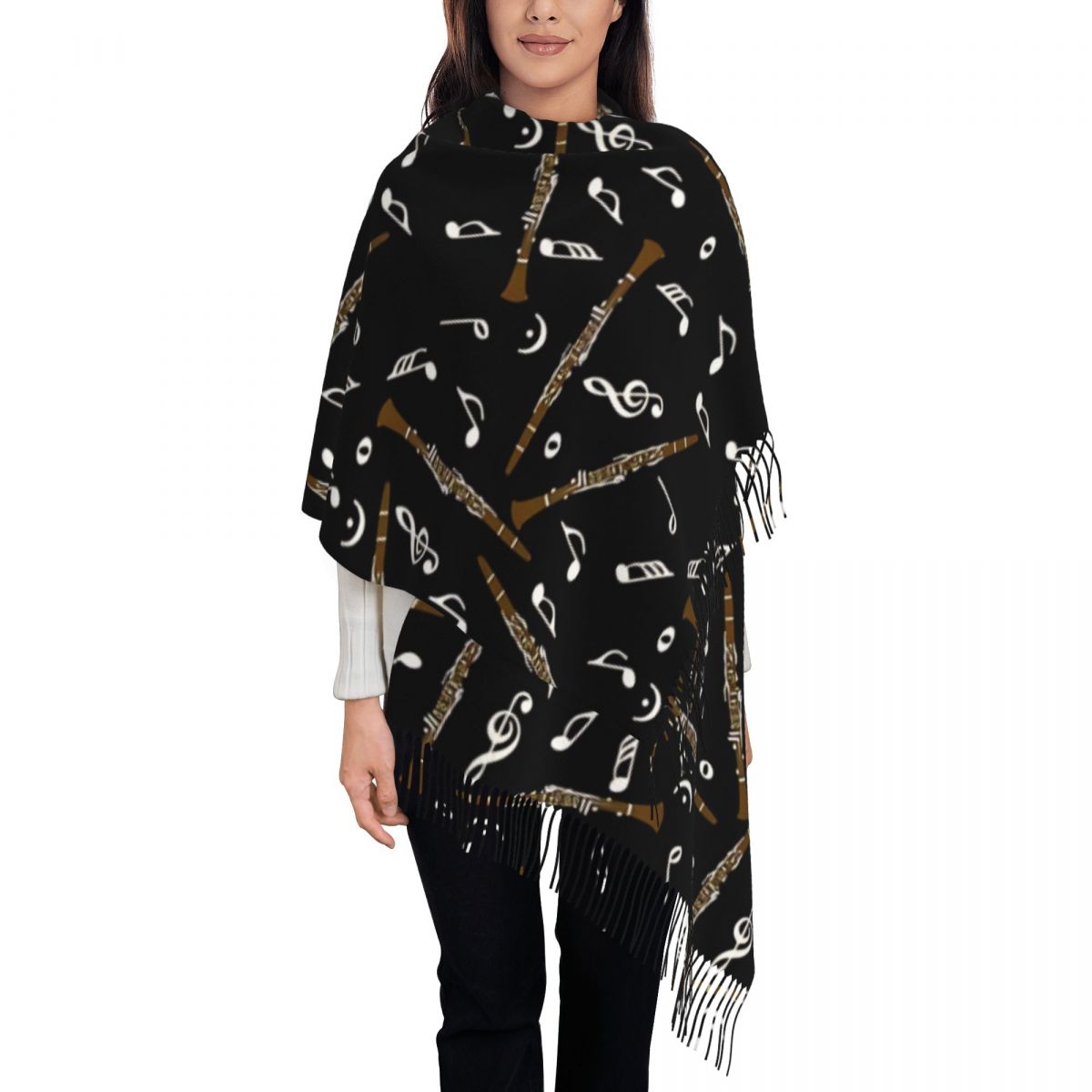 태슬 장식이 있는 여성용 스카프 클라리넷 음악 노트 패 - Pashmina Wrap Large 리뷰 및 가격