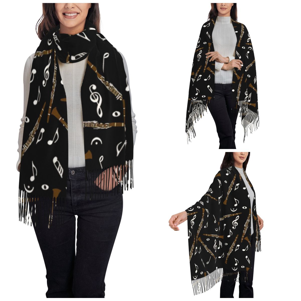 태슬 장식이 있는 여성용 스카프 클라리넷 음악 노트 패 - Pashmina Wrap Large 리뷰 및 가격