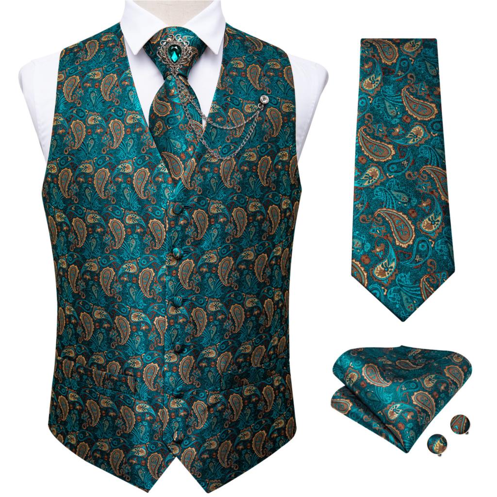 새로운 청록색 페이즐리 무늬 정장 조끼 남성 정장 조끼 - Pocket Square Set 리뷰 및 가격